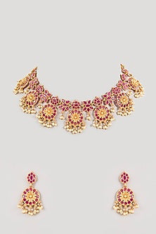 Gold Finish Pink Gemstone & Pearl Choker Necklace Set