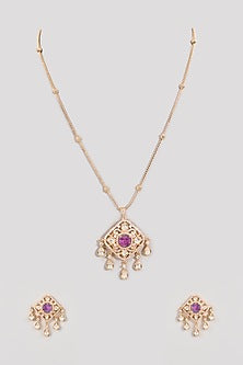 Gold Finish Ruby Stone & Pearl Pendant Necklace Set