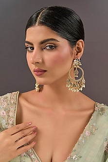 Gold Finish Kundan Polki & Pearl Chandbali Earrings
