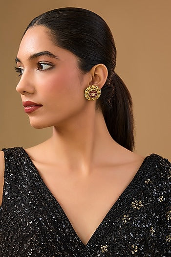 Gold Finish Moissanite Stone Floral Stud Earrings