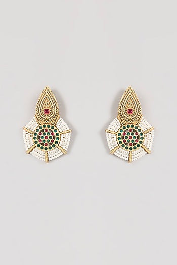 Gold Finish Moissanite Stone & Pearl Dangler Earrings