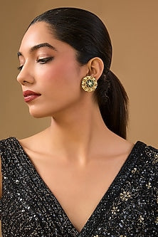 Gold Finish Green Gemstone Stud Earrings