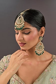 Gold Finish Green Gemstone & Pearl Chandbali Earrings With Maang Tikka