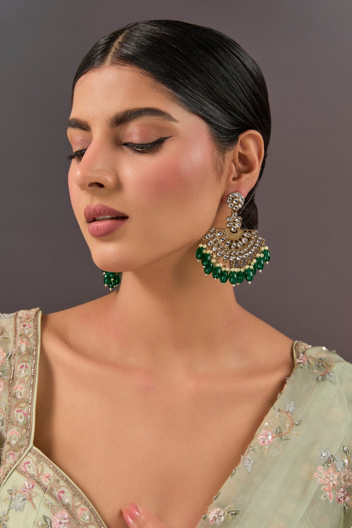 Gold Finish Green Gemstone & Pearl Chandbali Earrings