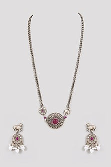Oxidized Silver Finish Ruby Red & Purple Gemstone Pendant Necklace Set