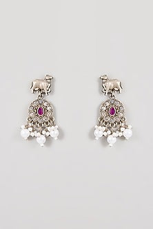 Oxidized Silver Finish Ruby Red & Purple Gemstone Pendant Necklace Set
