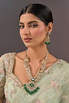 Gold Finish Kundan Polki & Green Gemstone Long Necklace Set