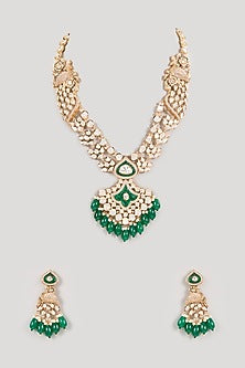 Gold Finish Kundan Polki & Green Gemstone Long Necklace Set
