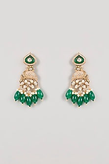 Gold Finish Kundan Polki & Green Gemstone Long Necklace Set