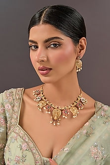 Gold Finish Ruby Pink & Green Gemstone Temple Necklace Set