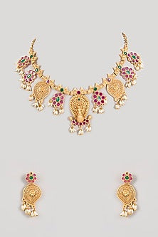 Gold Finish Ruby Pink & Green Gemstone Temple Necklace Set