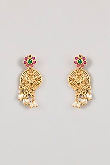 Gold Finish Ruby Pink & Green Gemstone Temple Necklace Set