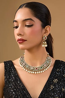 Gold Finish Moissanite Polki & Pearl Choker Necklace Set