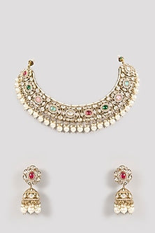 Gold Finish Moissanite Polki & Pearl Choker Necklace Set