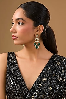 Gold Finish Kundan Polki & Emerald Green Beaded Dangler Earrings