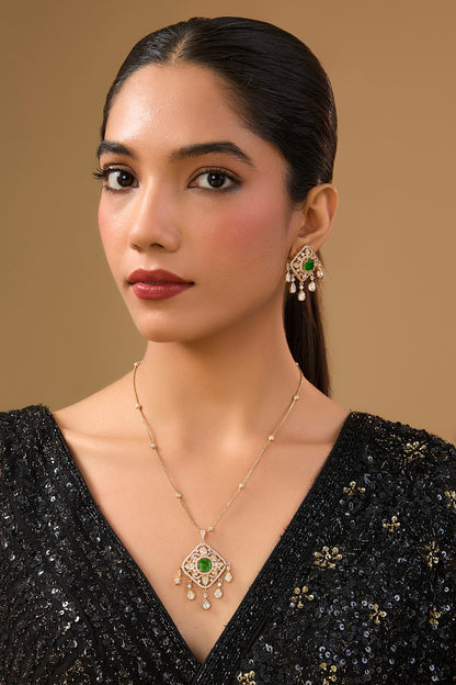 Gold Finish Kundan Polki & Green Gemstone Pendant Necklace Set