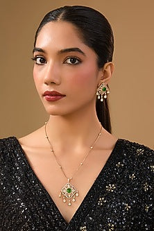 Gold Finish Kundan Polki & Green Gemstone Pendant Necklace Set