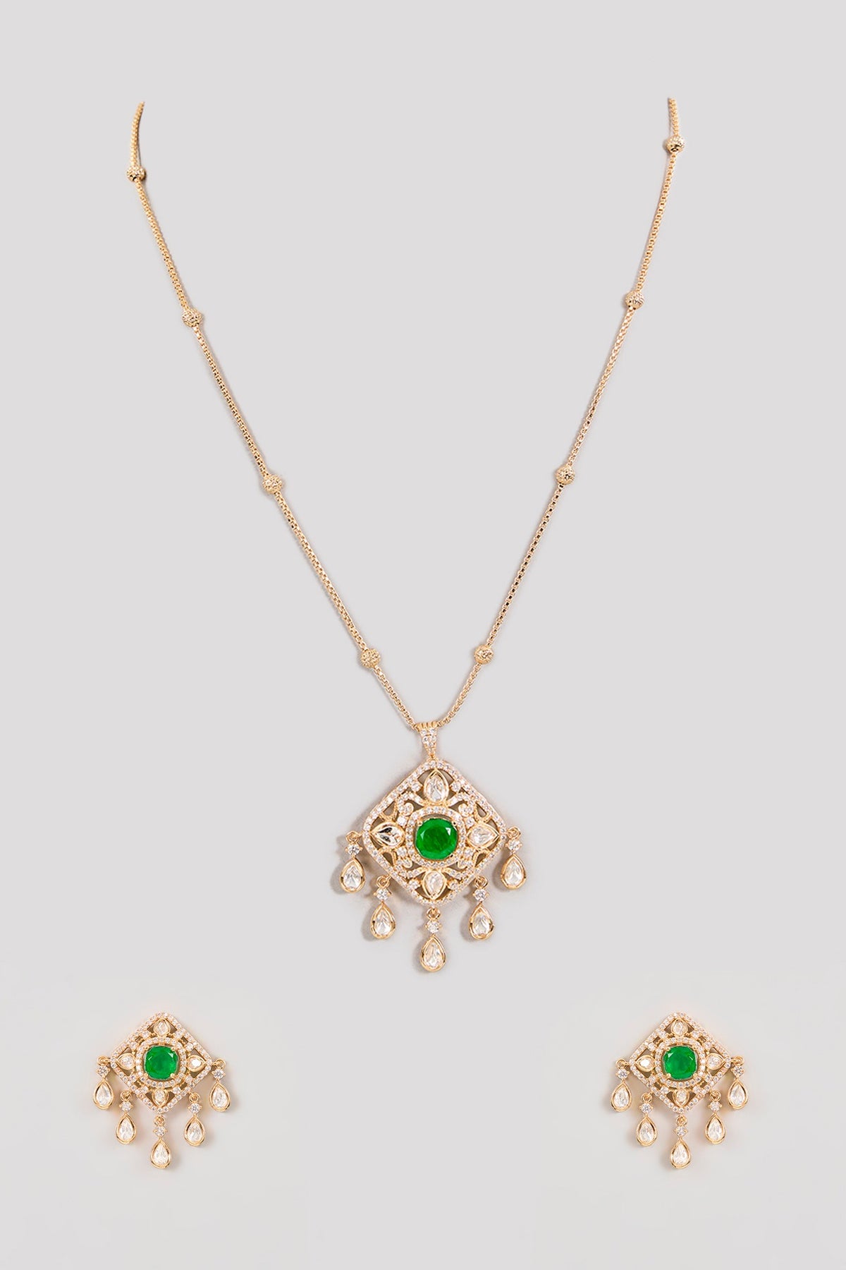 Gold Finish Kundan Polki & Green Gemstone Pendant Necklace Set