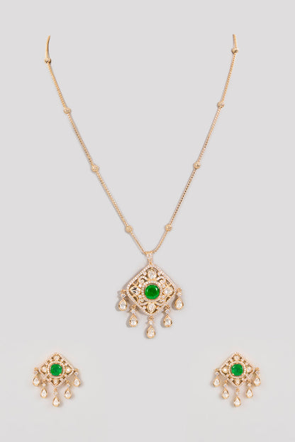 Gold Finish Kundan Polki & Green Gemstone Pendant Necklace Set