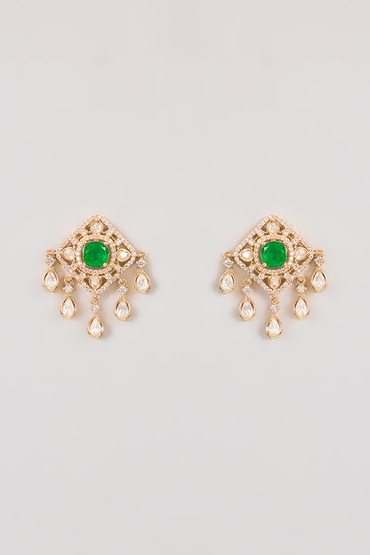 Gold Finish Kundan Polki & Green Gemstone Pendant Necklace Set