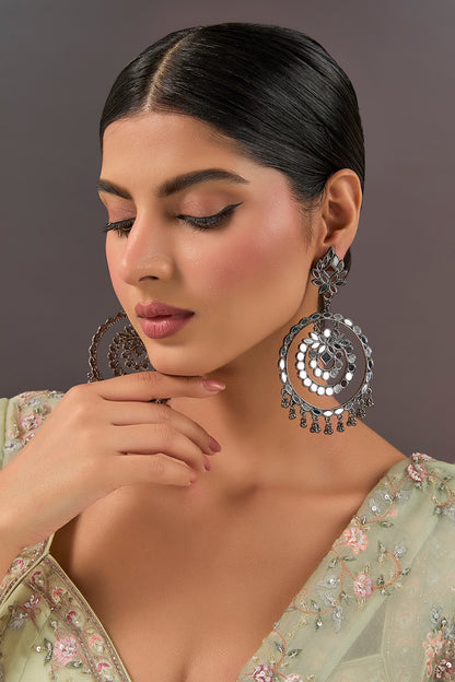 Oxidized Silver Finish Beaded Chandbali Earrings