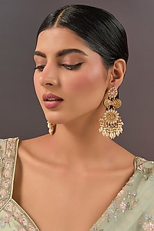 Gold Finish Pink Gemstone & Pearl Dangler Earrings