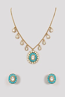 Gold Finish Turquoise Stone & Pearl Necklace Set