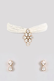 Gold Finish Diamond & Pearl Choker Necklace Set