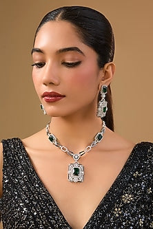 Silver Finish Crystal & Emerald-Cut Gemstone Necklace Set