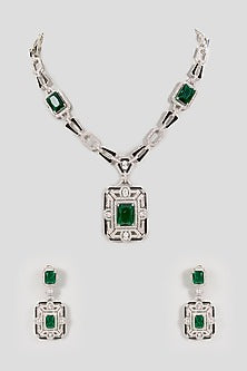 Silver Finish Crystal & Emerald-Cut Gemstone Necklace Set