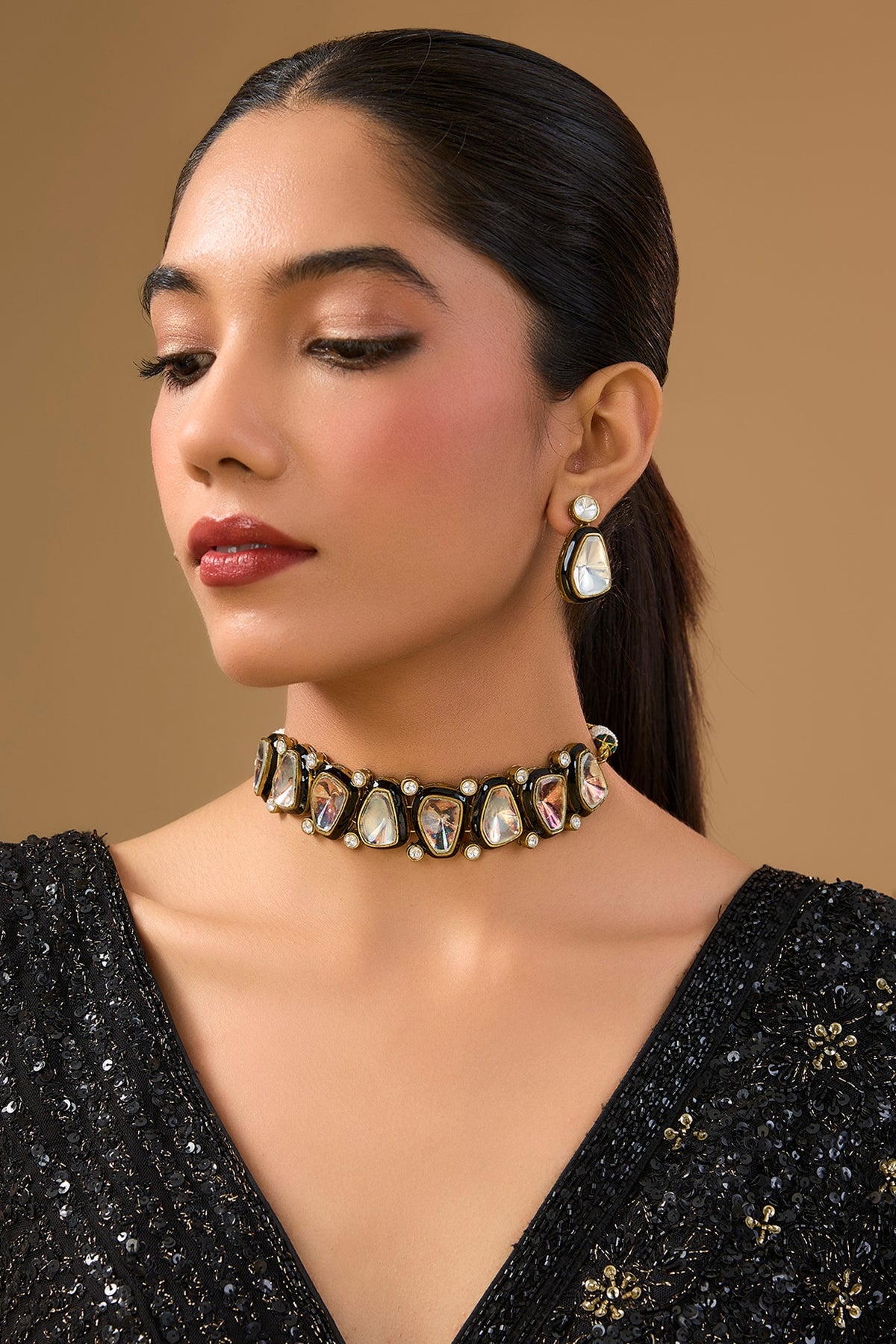 Gold Finish Kundan Polki Choker Necklace Set