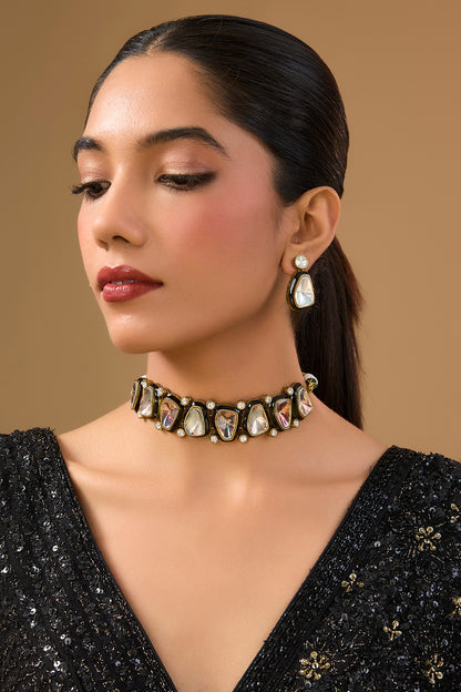Gold Finish Kundan Polki Choker Necklace Set
