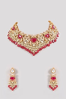 Gold Finish Kundan Polki & Ruby Stone Choker Necklace Set