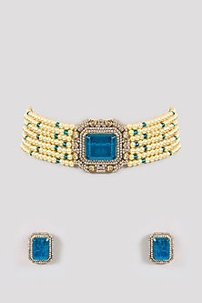 Gold Finish Pearl & Blue Gemstone Choker Necklace Set