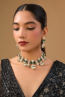 Gold Finish Kundan Polki & Emerald Choker Necklace Set