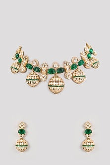 Gold Finish Kundan Polki & Emerald Choker Necklace Set