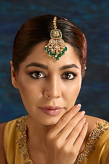 Gold Finish Kundan Polki & Green Stone Maangtikka