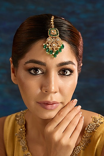 Gold Finish Kundan Polki & Green Stone Maangtikka