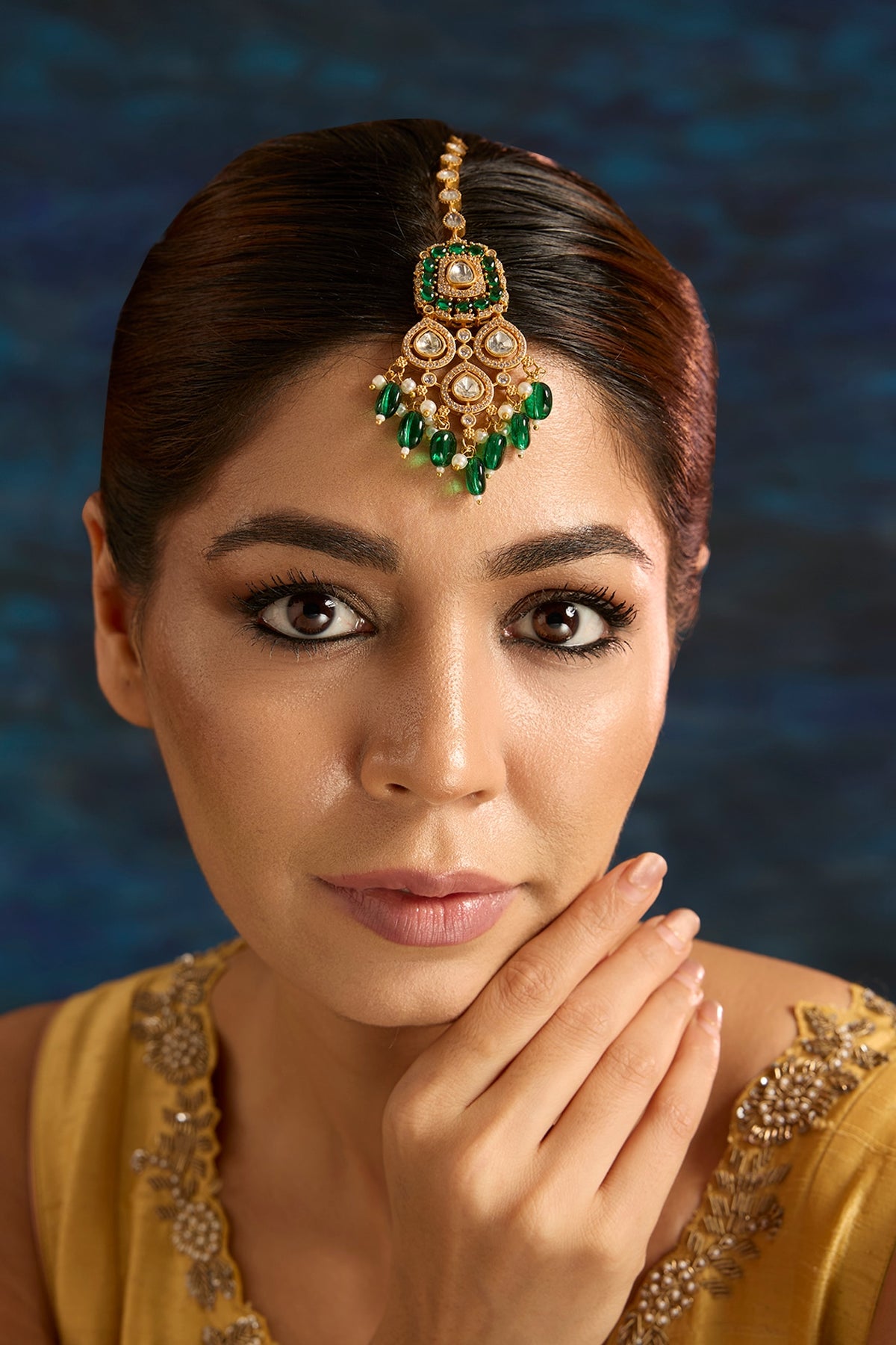 Gold Finish Kundan Polki & Green Stone Maangtikka