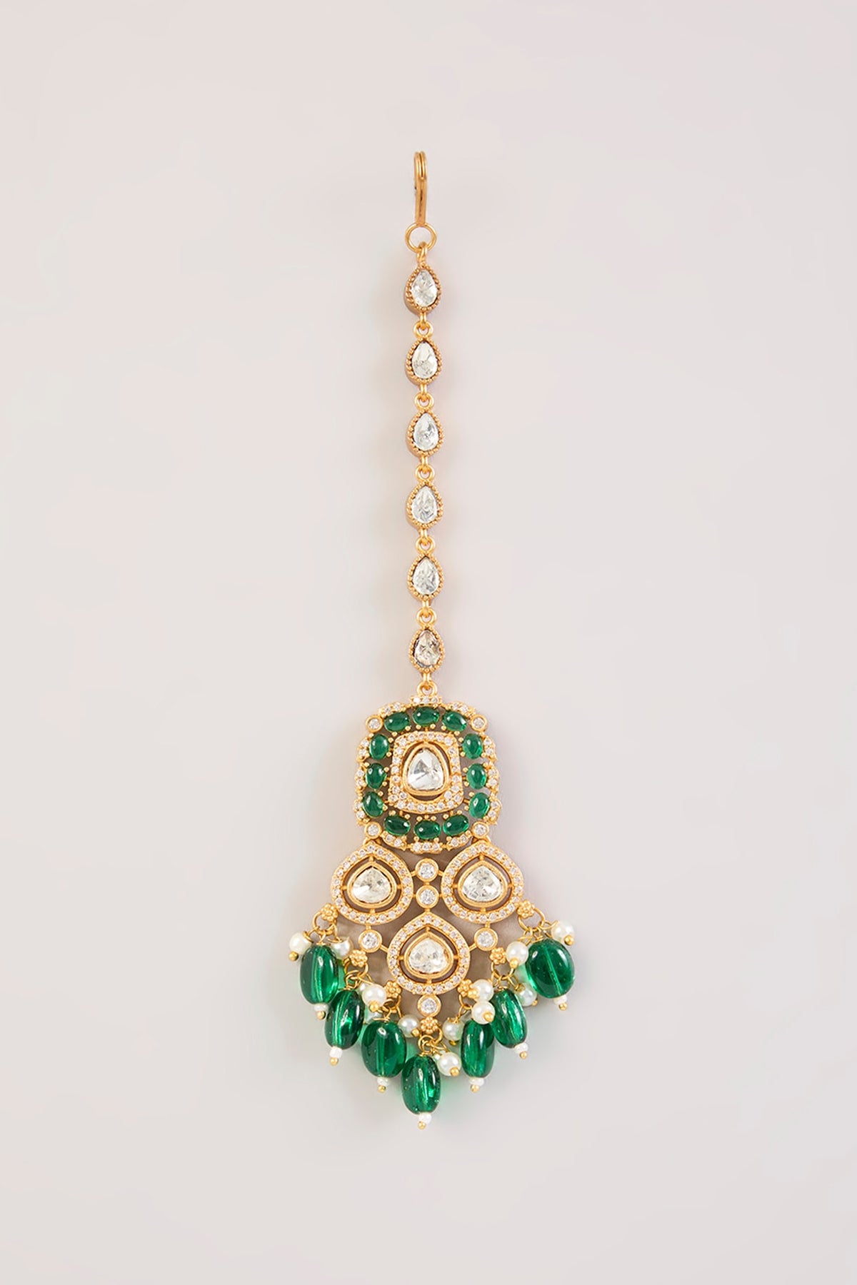 Gold Finish Kundan Polki & Green Stone Maangtikka