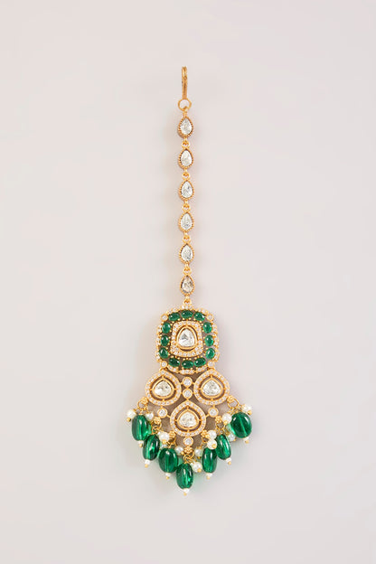 Gold Finish Kundan Polki & Green Stone Maangtikka