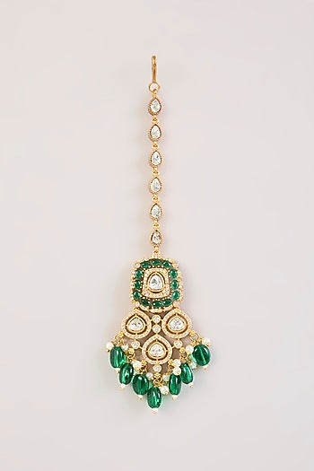 Gold Finish Kundan Polki & Green Stone Maangtikka