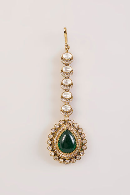 Gold Finish Green Kundan Polki Maangtikka