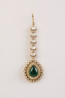 Gold Finish Green Kundan Polki Maangtikka