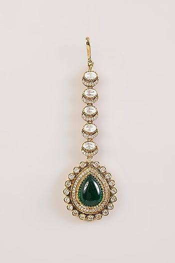 Gold Finish Green Kundan Polki Maangtikka