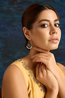 Gold Finish Pink Stone Dangler Earrings