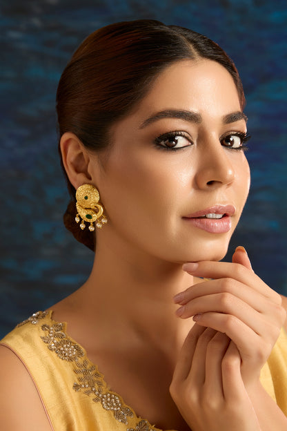 Gold Finish Shell Pearl Temple Dangler Earrings