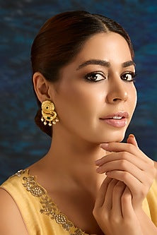 Gold Finish Shell Pearl Temple Dangler Earrings