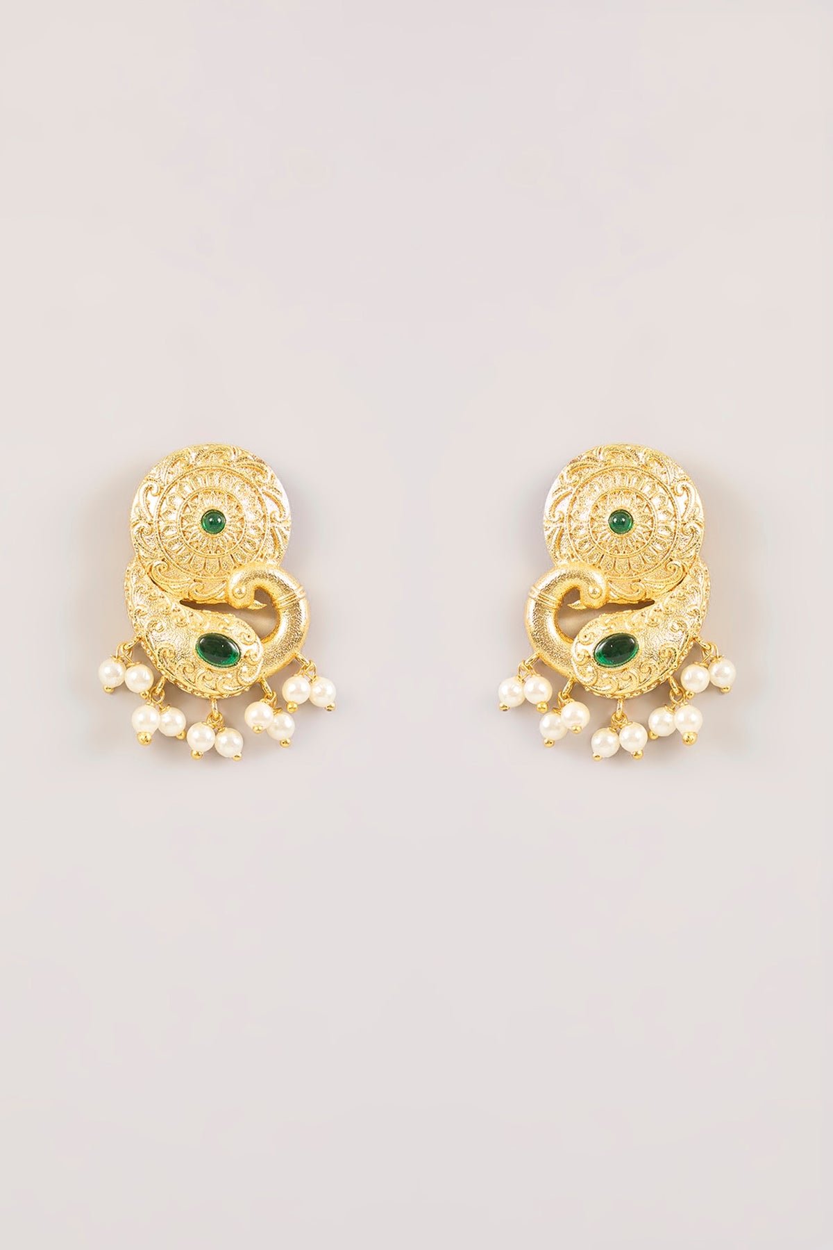 Gold Finish Shell Pearl Temple Dangler Earrings
