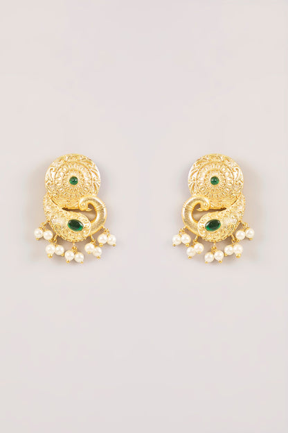 Gold Finish Shell Pearl Temple Dangler Earrings